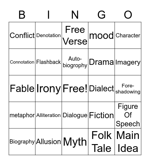 7th Grade Vocab Bingo Card