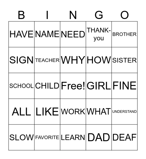 Vocabulary Bingo Card