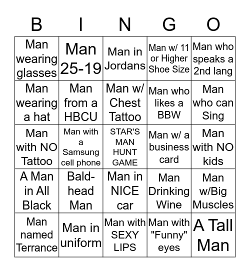 Star's Bachelorette Man Hunt BINGO Game Bingo Card