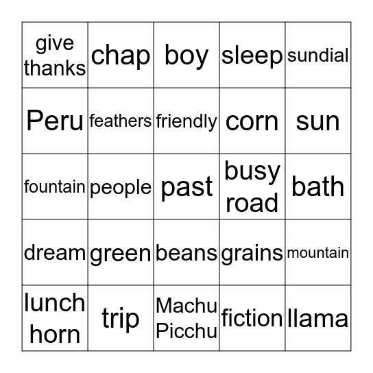 A Trip to Machu Piccu Bingo Card