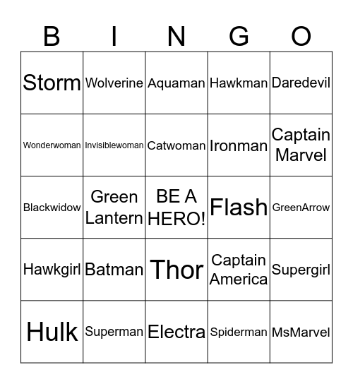 Super Heroes Bingo Card