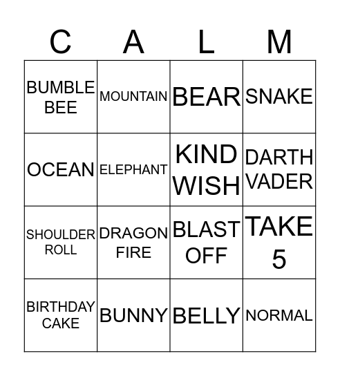 B-CALM GAME Bingo Card