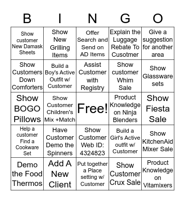 Memorial Sale Bingo Card