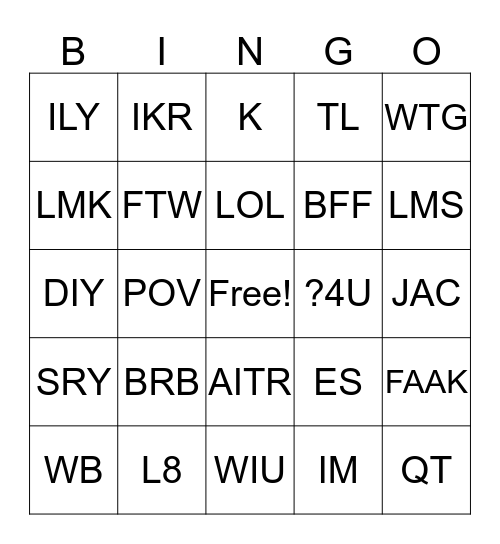 Text Shortcuts Bingo Card