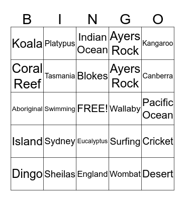 Australian Bingo Card