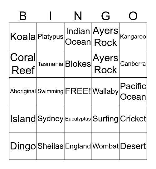 Australian Bingo Card