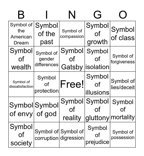 The Great Gatsby Bingo Game Bingo Card