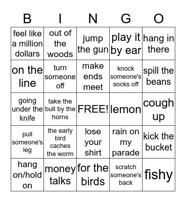 American Idioms Bingo Card