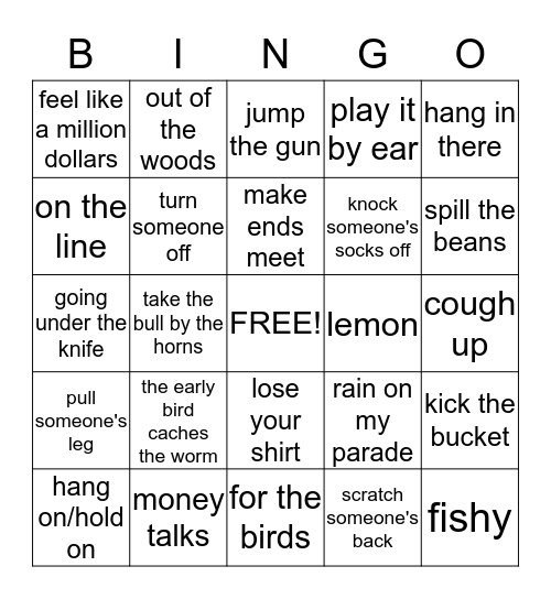 American Idioms Bingo Card