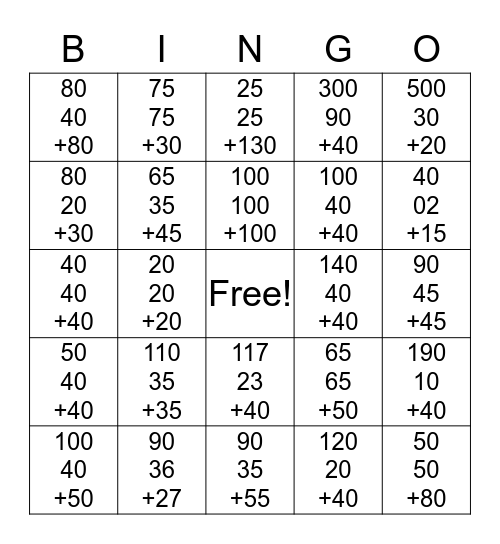 Adding to 180 bingo  Bingo Card