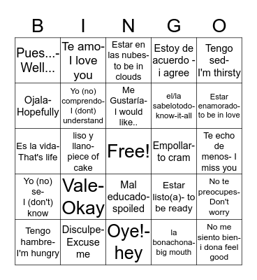 Spanish Bingo Card