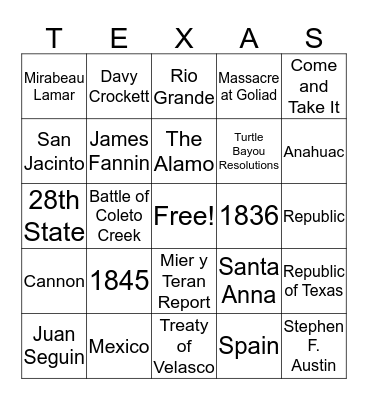 Texas Revolution Bingo Card