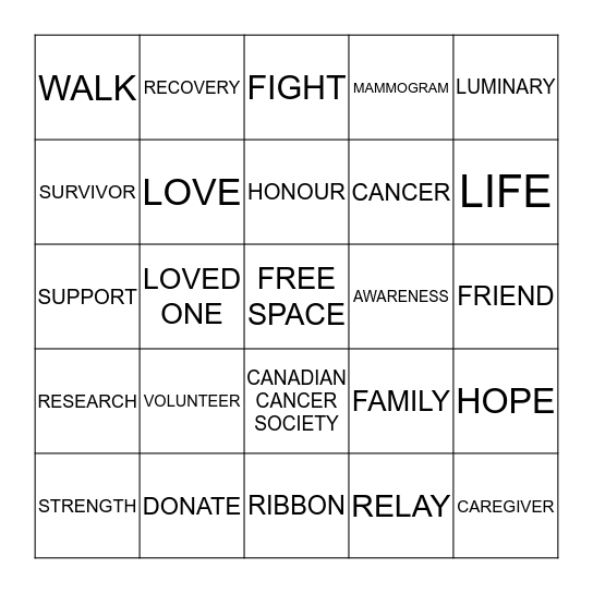 RELAY FOR LIFE 2017 - WINDSOR/ESSEX COUNTY Bingo Card