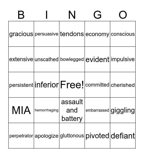 End of Year Bingo Period 1 Bingo Card