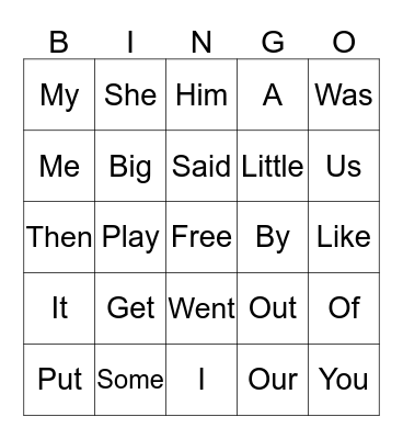 Sight Words Bingo Card