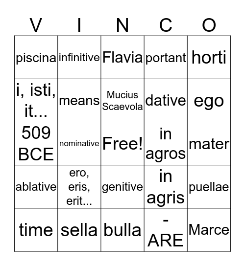 Latin I Exam Review Bingo Card
