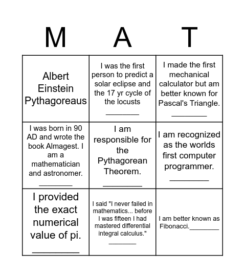 Guess Who? Mathematician Style Bingo Card