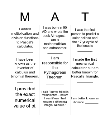 Guess Who? Mathematician Style Bingo Card