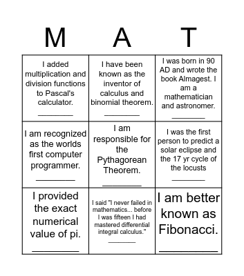 Guess Who? Mathematician Style Bingo Card