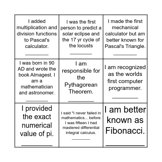 Guess Who? Mathematician Style Bingo Card