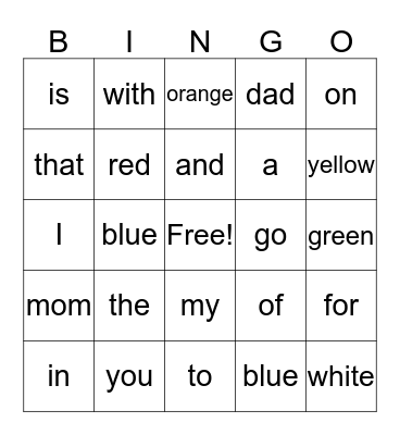 Sight Words Bingo Card