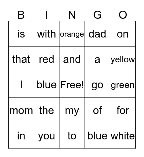 Sight Words Bingo Card