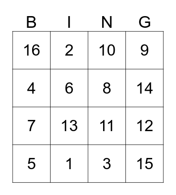 Number Bingo Card