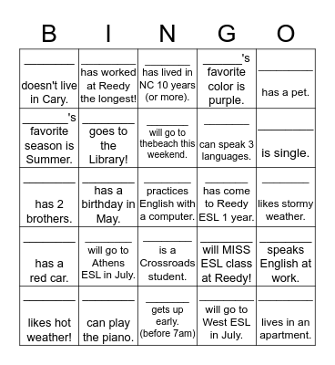 Reedy Creek ESL Bingo May 2017 Bingo Card