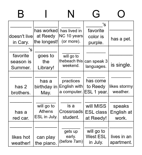 Reedy Creek ESL Bingo May 2017 Bingo Card