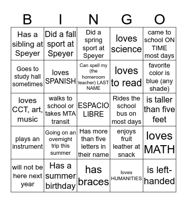 homeroom end of year  Bingo Card