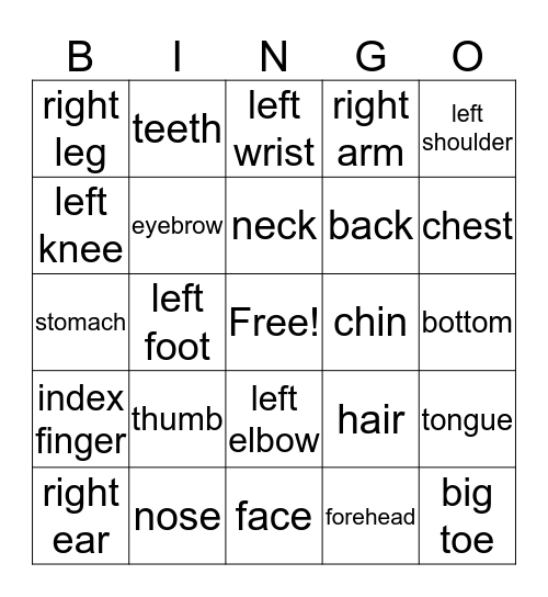 Body Parts Bingo Card