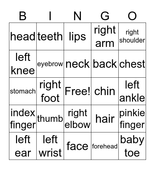 Body Parts Bingo Card