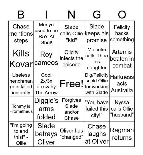 Arrow Finale Bingo Card