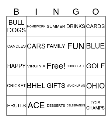 Shrey's 15th Birthday Bingo Card