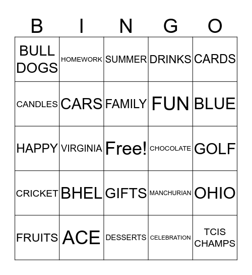 Shrey's 15th Birthday Bingo Card