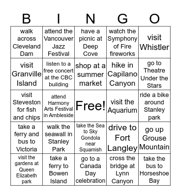 Summer in Vancouver Bingo Card