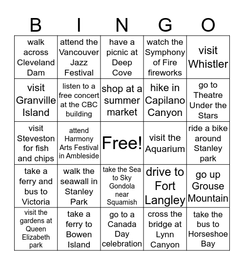 Summer in Vancouver Bingo Card