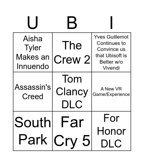 Ubisoft E3 2017 Bingo Card