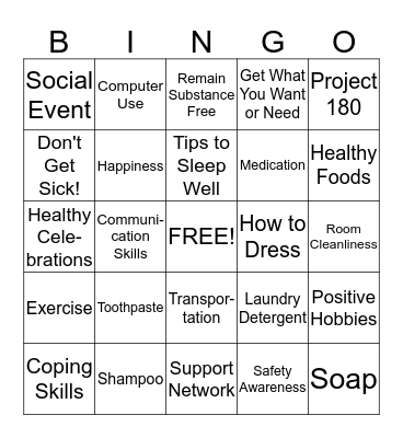 Project 180 Bingo Card