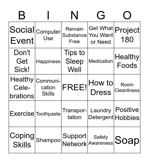 Project 180 Bingo Card