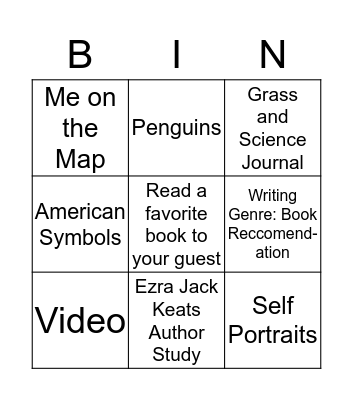 1st Grade Bingo Card