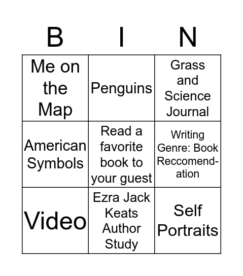 1st Grade Bingo Card