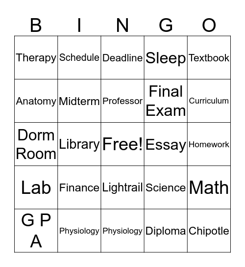 College Graduation Bingo Card