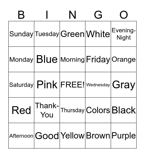Colors and days of Week Bingo Card