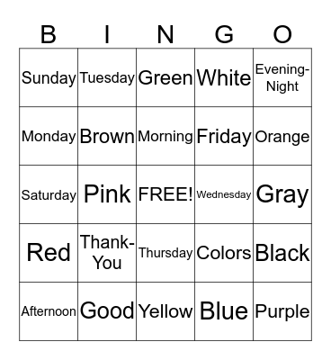 Days of Week and Colors Bingo Card