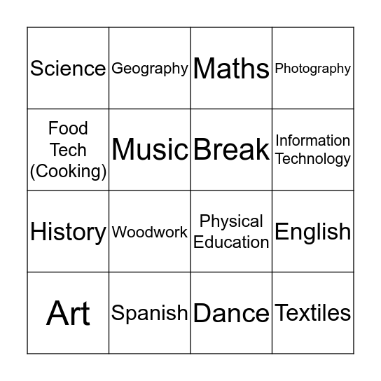 Las asignaturas Bingo Card