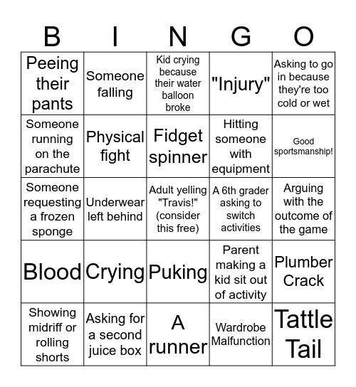 Field Day 2017 Bingo Card