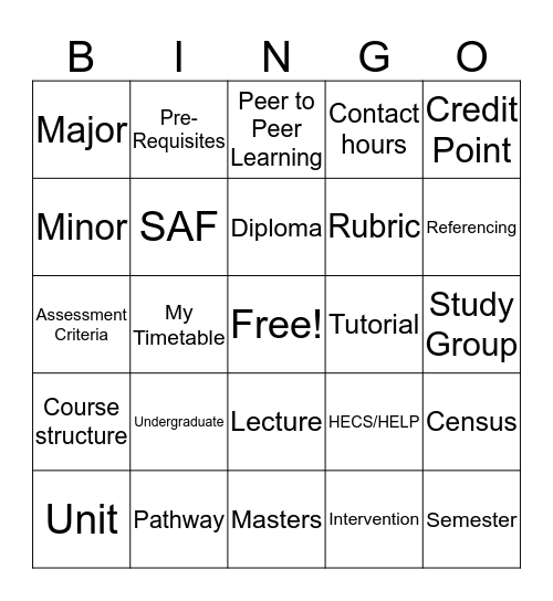 University Lingo Bingo Card