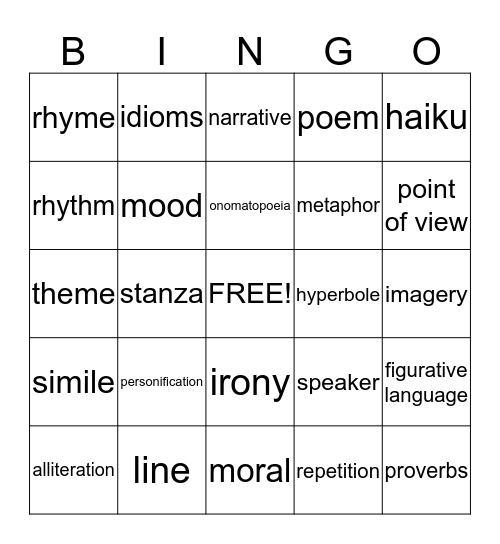 Poetry Bingo Card