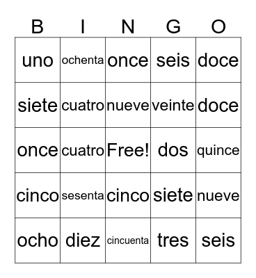 Numeros Cardinales Bingo Card